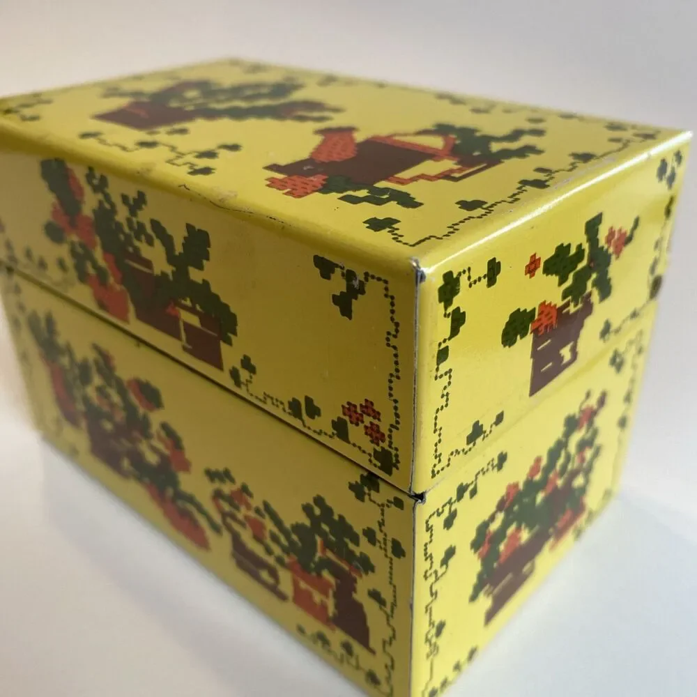 Vintage CROSS STITCH Themed Metal Recipe Box Floral Cactus Syndicate MFG Empty